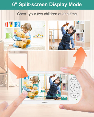 Blemil 6" Split Screen Video Baby Monitor with 2 Cameras, 4000mAh Battery