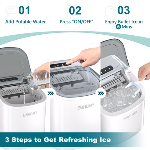 EUHOMY Countertop Ice Maker Machine with Handle, 26lbs Per Day, 9 Ice Cubes Ready in 6 Mins, Auto-Cleaning Portable Ice Maker with Basket and Scoop, for Home/Kitchen/Camping/RV (White)