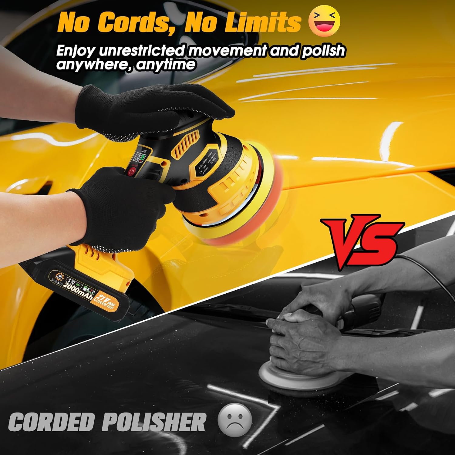 Cordless Car Buffer Polisher kit, DA Polisher with 2*21V Batteries