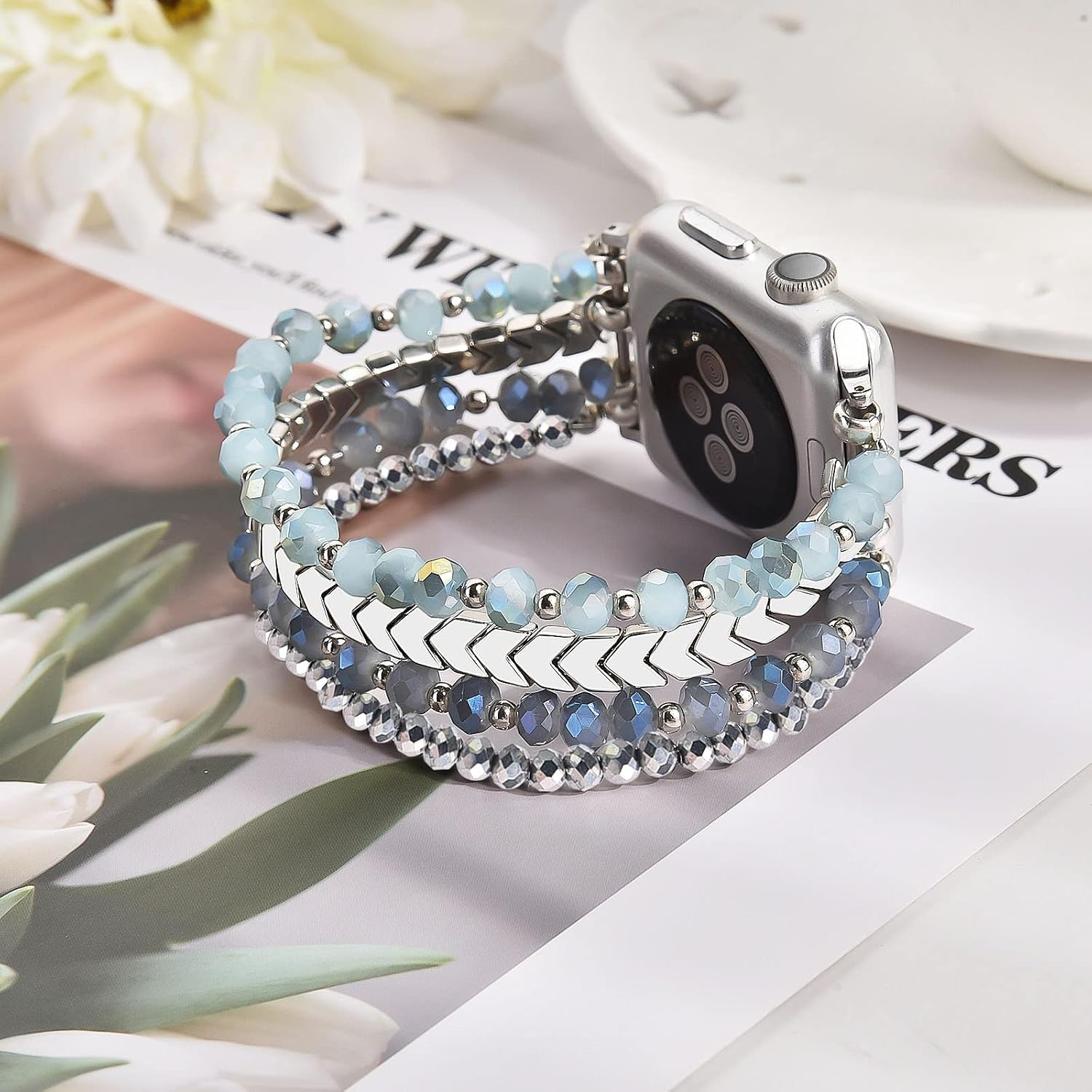 MOFREE Beaded Bracelet Compatible with Apple Watch Band 38mm/40mm/41mm/42mm, Fashion Elastic Stretch Women Bands for iWatch Series 11/10/9/8/7/SE/6/5/4/3/2/1 iPhone Watch Strap Bands (Blue/Silver)