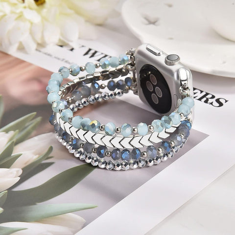 MOFREE Beaded Bracelet Compatible with Apple Watch Band 38mm/40mm/41mm/42mm, Fashion Elastic Stretch Women Bands for iWatch Series 11/10/9/8/7/SE/6/5/4/3/2/1 iPhone Watch Strap Bands (Blue/Silver)