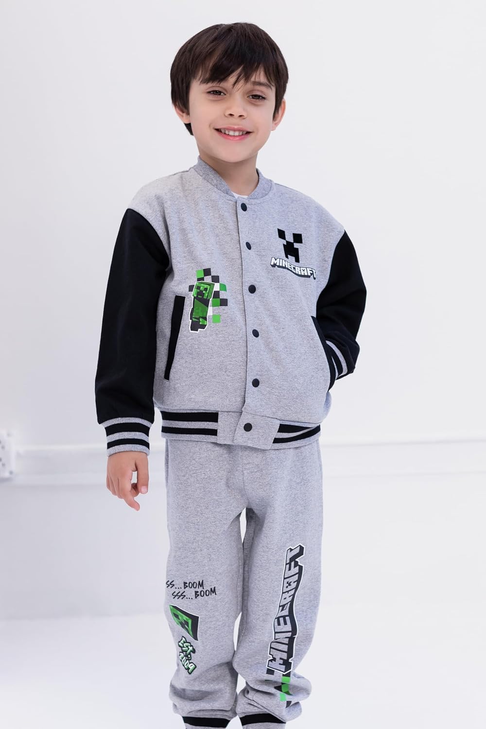 Minecraft Fleece Varsity Bomber Jacket and Jogger Pants Outfit Set Little Kid to Big Kid Sizes (4-18-20)