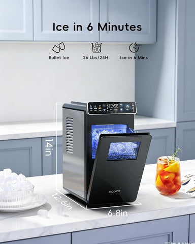 ecozy Small Ice Maker with Full-Color Panel & Timer Function, 26 lbs/Day
