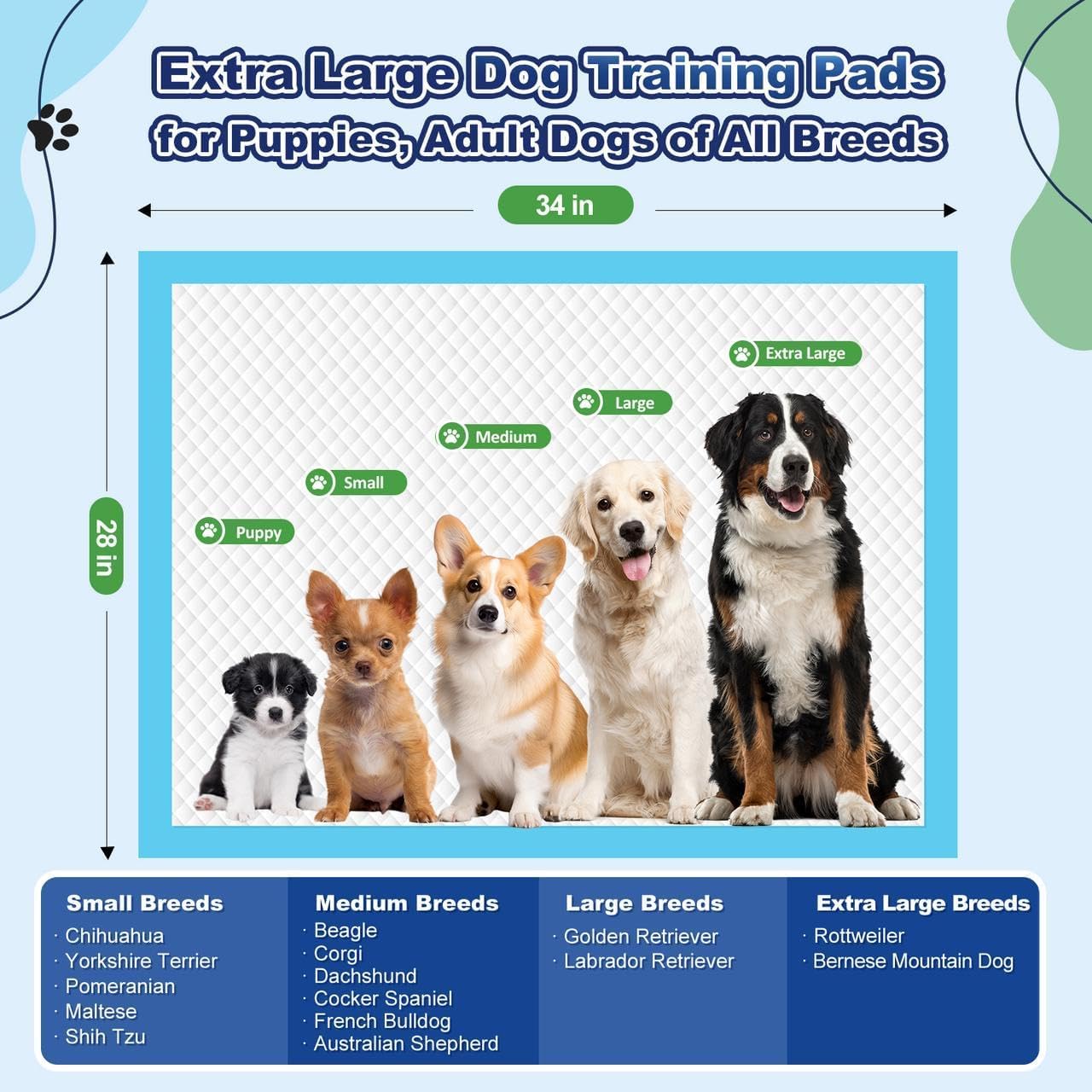 Puppy Pads XL 100 Count, Dog Pee Pads Extra Large, 34"x28" Pee Pads for Dogs, X-Large Disposable Dog Training Pads Super Absorbent&Leak-Proof, Crate Potty Piddle Pads for Doggy, Pet Supplies
