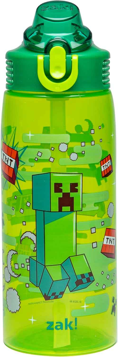 Zak Designs Minecraft Creeper Sage 25oz Leak-Proof Straw Kids Water Bottle