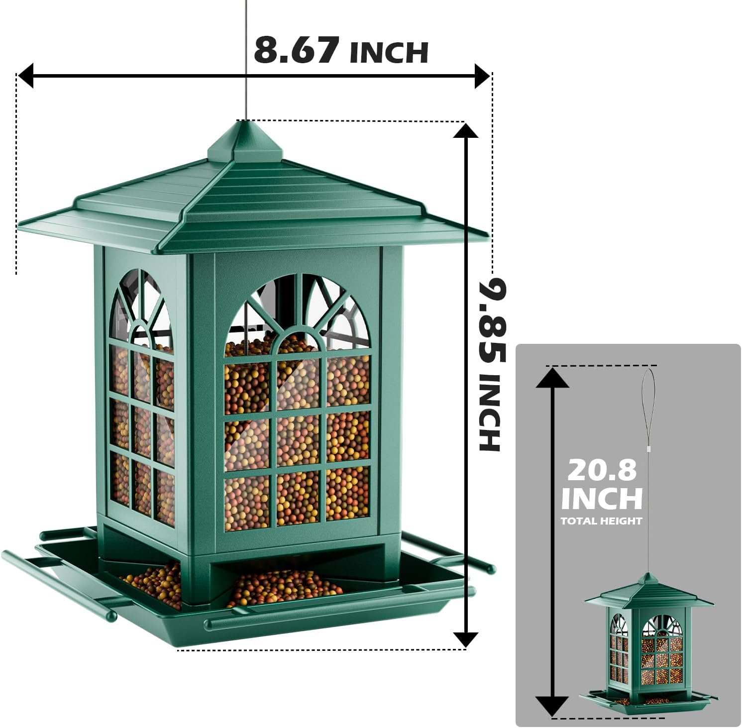Birdream 2 Pack Bird Feeders for Outdoor Hanging, Assembly Required, 1-Min Easy Setup, Classic Courtyard Design, Attracting Cardinals Chickadees Goldfinches & Sparrows - Green
