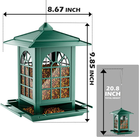 Birdream 2 Pack Bird Feeders for Outdoor Hanging, Assembly Required, 1-Min Easy Setup, Classic Courtyard Design, Attracting Cardinals Chickadees Goldfinches & Sparrows - Green