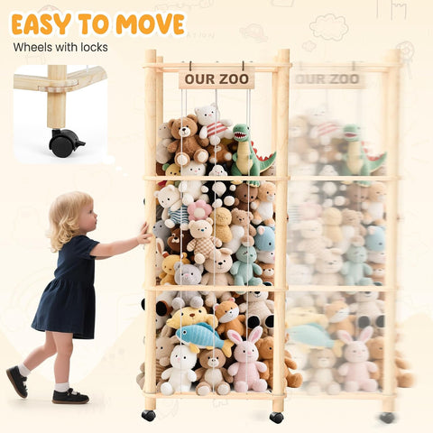 Stuffed Animal Zoo Organizer with Wheels, Plush Storage Cage