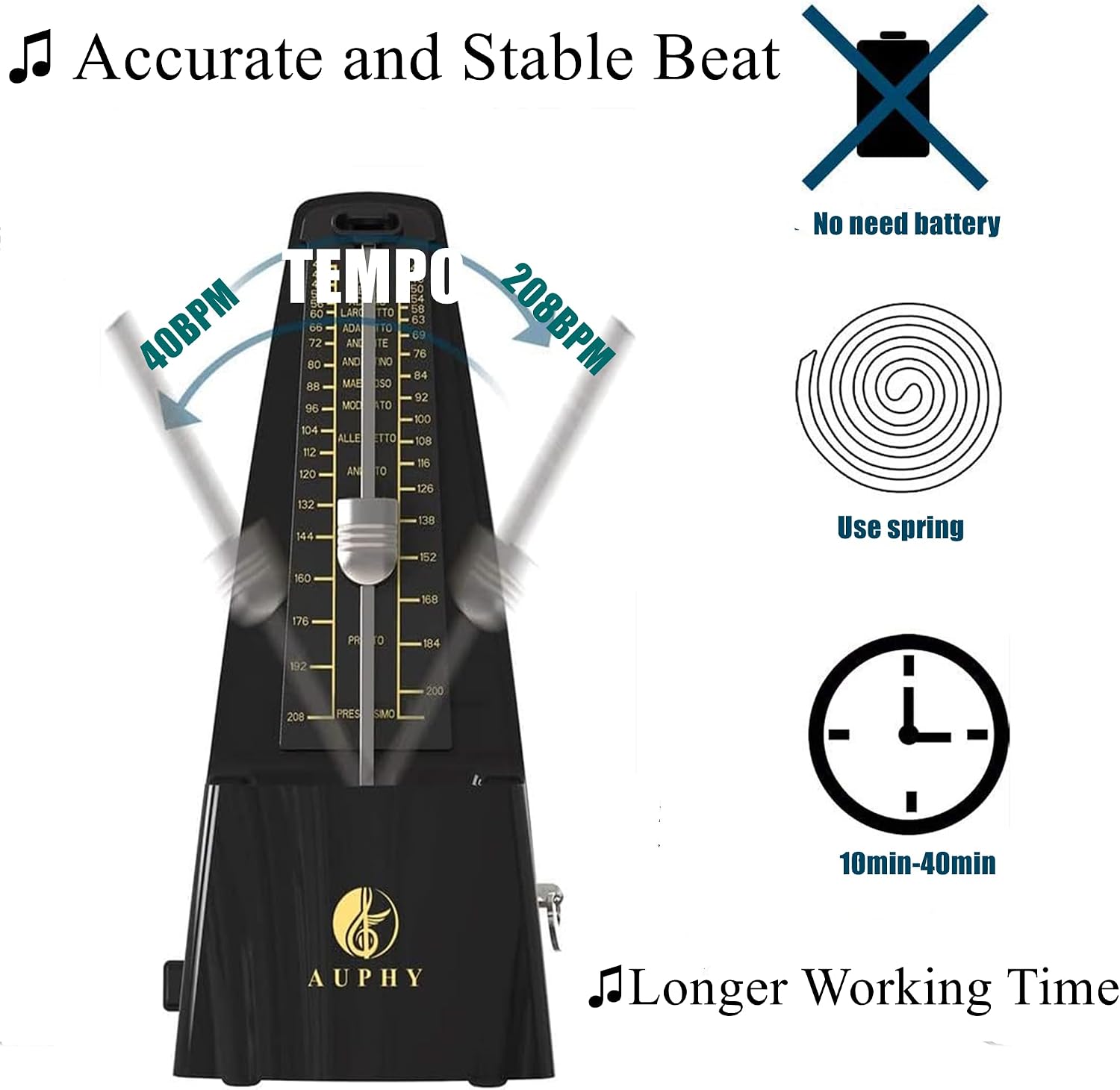 M350 AUPHY Mechanical Metronome with Accent Bell, Classic Shape, Accurate Beat, Multiple Beat Modes, Suitable for Piano Guitar Drums Violin Saxophone etc