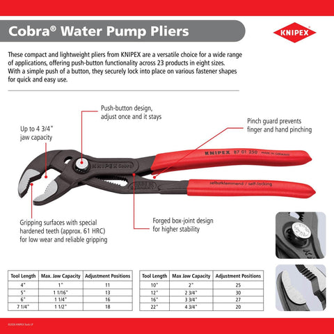 KNIPEX 87 01 400 US, 16 in. Cobra® XL Water Pump Pliers, Capacity 3-3/4 in.