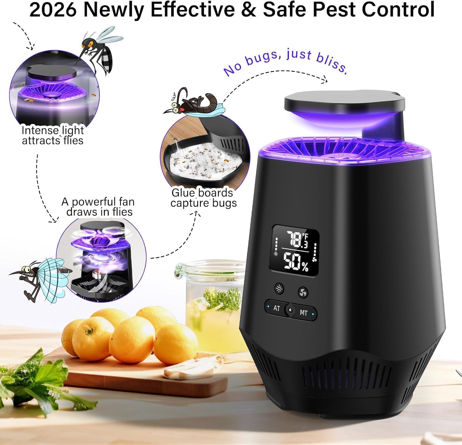 Fruit Fly Traps for Indoors, Smart Fly Trap Indoor Bug Zapper Gnat Traps for House Indoor with Temperature and Humidity Sensor, 10PCS Sticky Boards Black 001