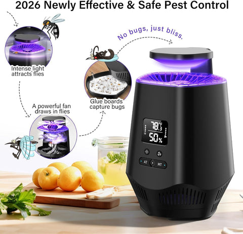 Fruit Fly Traps for Indoors, Smart Fly Trap Indoor Bug Zapper Gnat Traps for House Indoor with Temperature and Humidity Sensor, 10PCS Sticky Boards Black 001