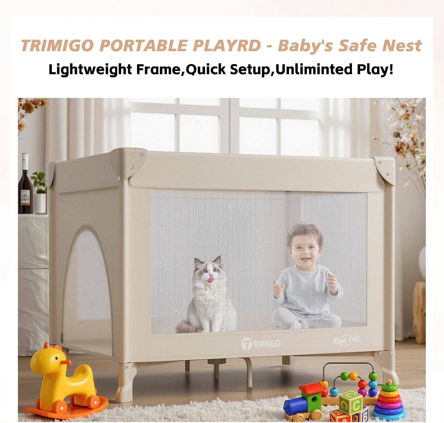 Portable Baby Playard& Playpen with Mattress, Travel Crib, Khaki