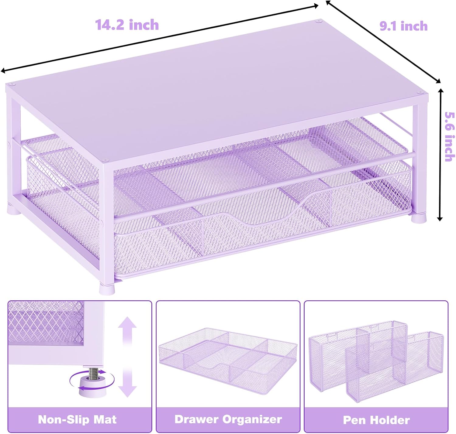 OPNICE Desk Organizer and Accessories, 2-Tier Computer Monitor Stand Riser with Drawer and 2 Pen Holders, Laptop Stand, Office Desk Accessories for Office Supplies, Purple