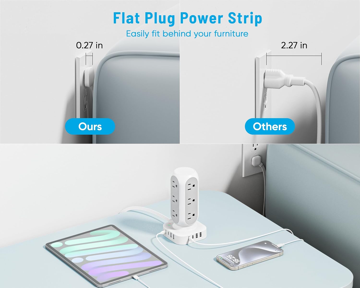 Flat Plug Power Strip Tower, TenTrend 40W Total Fast Charging Station, 10FT