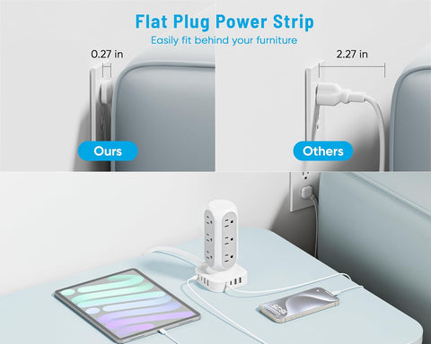 Flat Plug Power Strip Tower, TenTrend 40W Total Fast Charging Station, 10FT