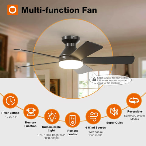 addlon 42 Inch Black Low Profile Ceiling Fans with Lights and Remote