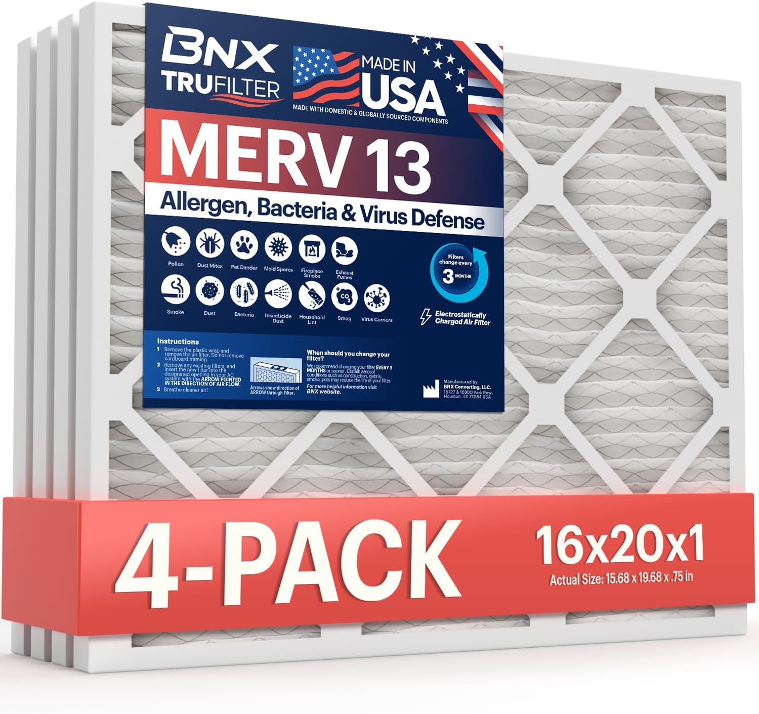 BNX TruFilter 16x20x1Air Filter MERV 13 AC Filter, HVAC Furnace Filter, 4 Pack (ACTUAL SIZE 15.69"x19.69"x0.75") Allergies, Dust, Pet Dander & Smoke - MADE IN USA - MPR1500 / FPR 10