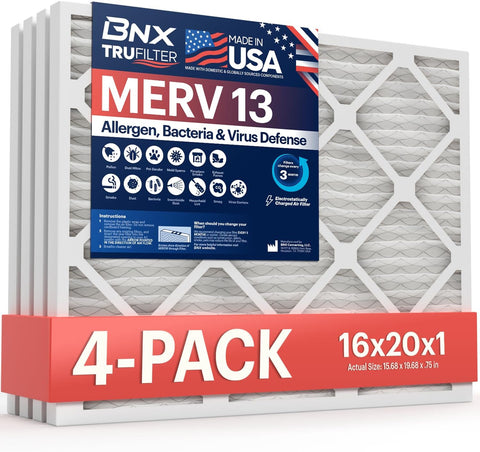 BNX TruFilter 16x20x1Air Filter MERV 13 AC Filter, HVAC Furnace Filter, 4 Pack (ACTUAL SIZE 15.69"x19.69"x0.75") Allergies, Dust, Pet Dander & Smoke - MADE IN USA - MPR1500 / FPR 10