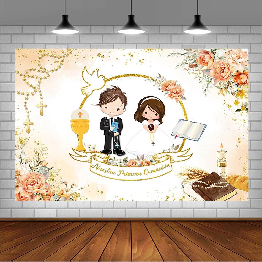 AIBIIN 7x5ft Mi Primera Comunion Backdrop for Twins Nuestra Primera Comunión God Bless Baptism Party Decoration Christening Ceremony Mi Bautizo Banner Chalice Floral Photography Background Photo Props