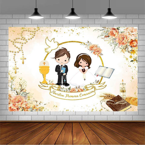 AIBIIN 7x5ft Mi Primera Comunion Backdrop for Twins Nuestra Primera Comunión God Bless Baptism Party Decoration Christening Ceremony Mi Bautizo Banner Chalice Floral Photography Background Photo Props