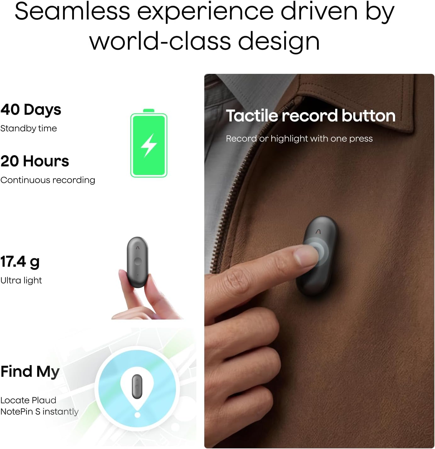 Plaud NotePin S Wearable AI Voice Recorder, Transcribe & Summarize, Black