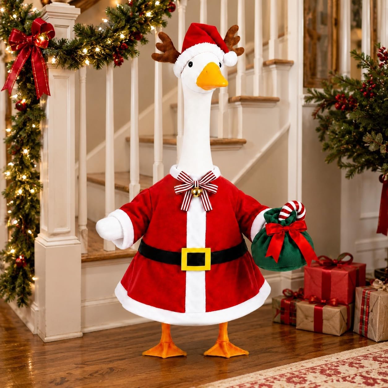 STONESTAR Christmas Porch Goose Outfits for 23" Goose Statue, Red Santa Coat with Antler Hat Jingle Bell Bow Tie Candy Cane Gift Bag Goose Costume for Patio Yard Xmas Santa Holiday Decor