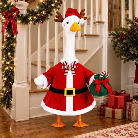 STONESTAR Christmas Porch Goose Outfits for 23" Goose Statue, Red Santa Coat with Antler Hat Jingle Bell Bow Tie Candy Cane Gift Bag Goose Costume for Patio Yard Xmas Santa Holiday Decor