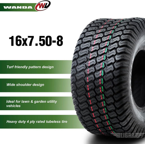 WANDA 16X7.5-8 Lawn Mower Tractor Cart Turf Tires 4 Ply 16x7.5x8 Set2-13020