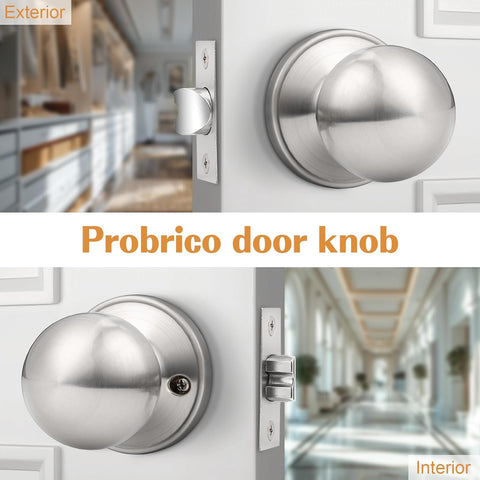 Probrico Round Passage Door Knobs Interior Hall/Closet Door Handles Brushed Nickel Ball Knobs, 3 Pack