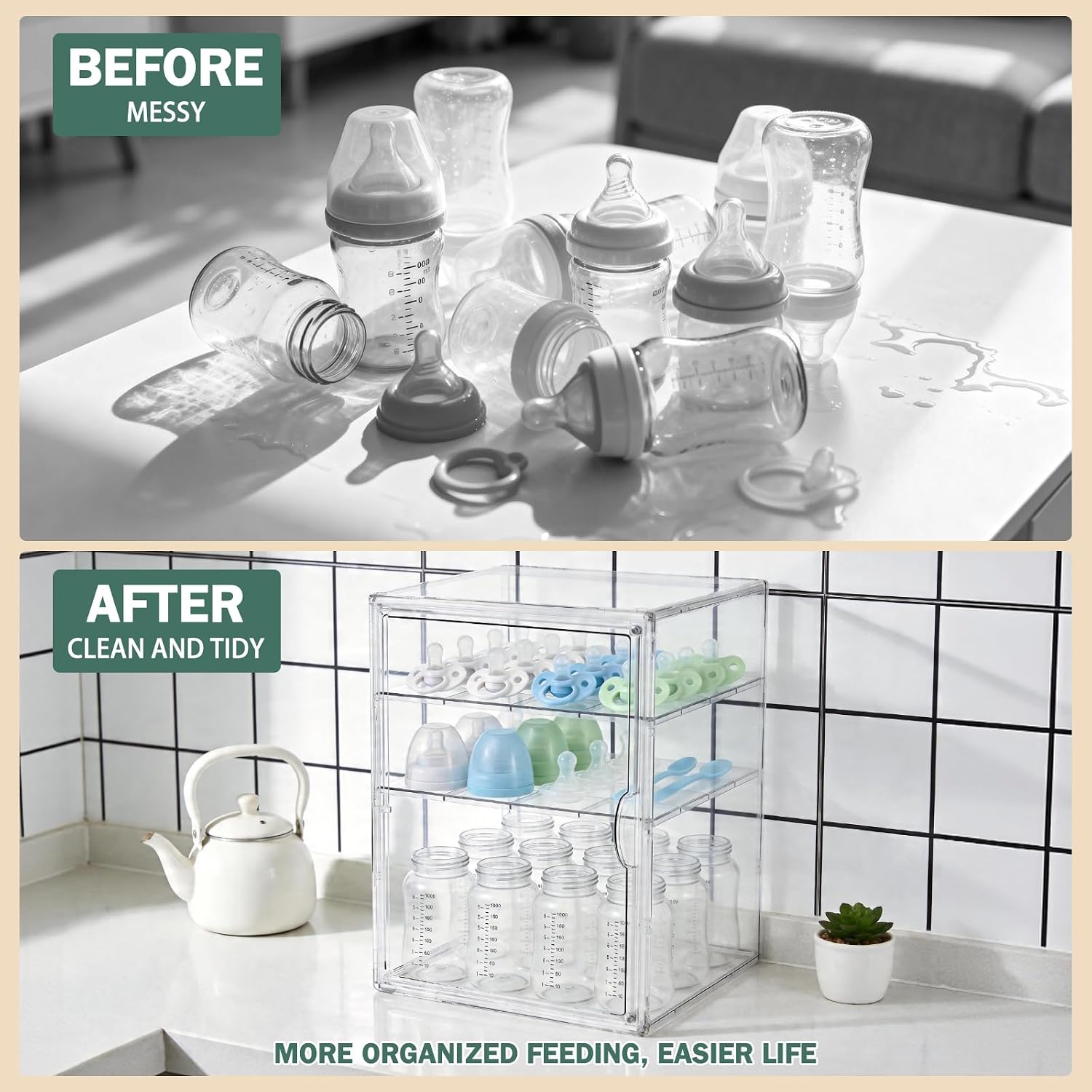 Baby Bottle Organizer, 3 Tiers Acrylic Bottle Storage Organizer Container, Clear Plastic Bottle Station Organizer with 2 Adjustable Dividers for Kitchen Countertop, Bathroom, Cabinet, Vanity (Large)