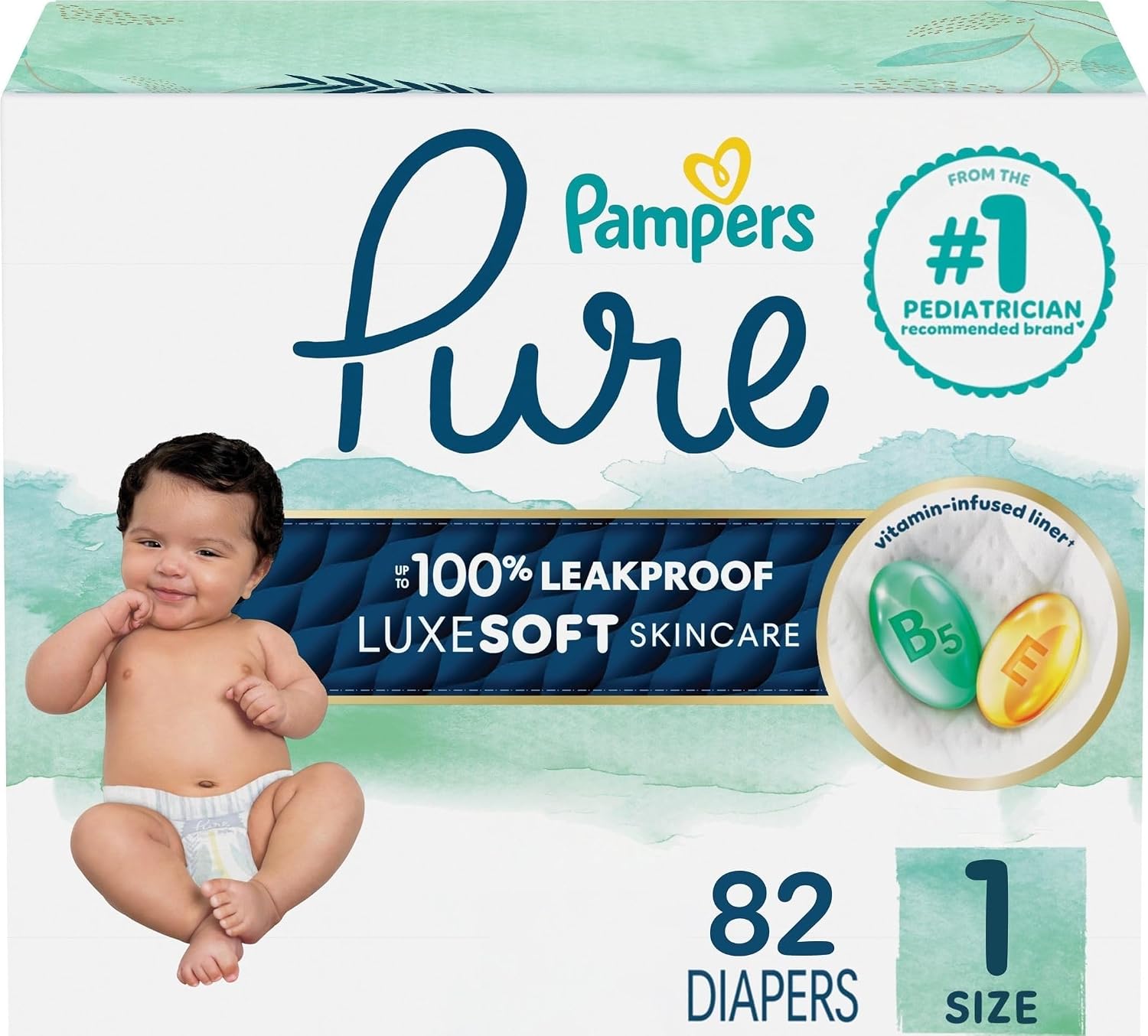 Pampers Pure Baby Diapers, Size 1 (8-14 lbs), 82, Up to 100% Leakproof, Premium Hypoallergenic Soft Diapers