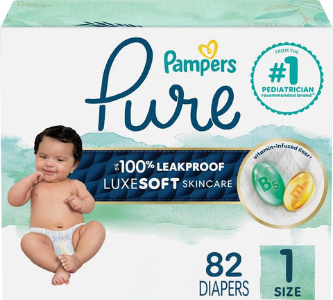 Pampers Pure Baby Diapers, Size 1 (8-14 lbs), 82, Up to 100% Leakproof, Premium Hypoallergenic Soft Diapers