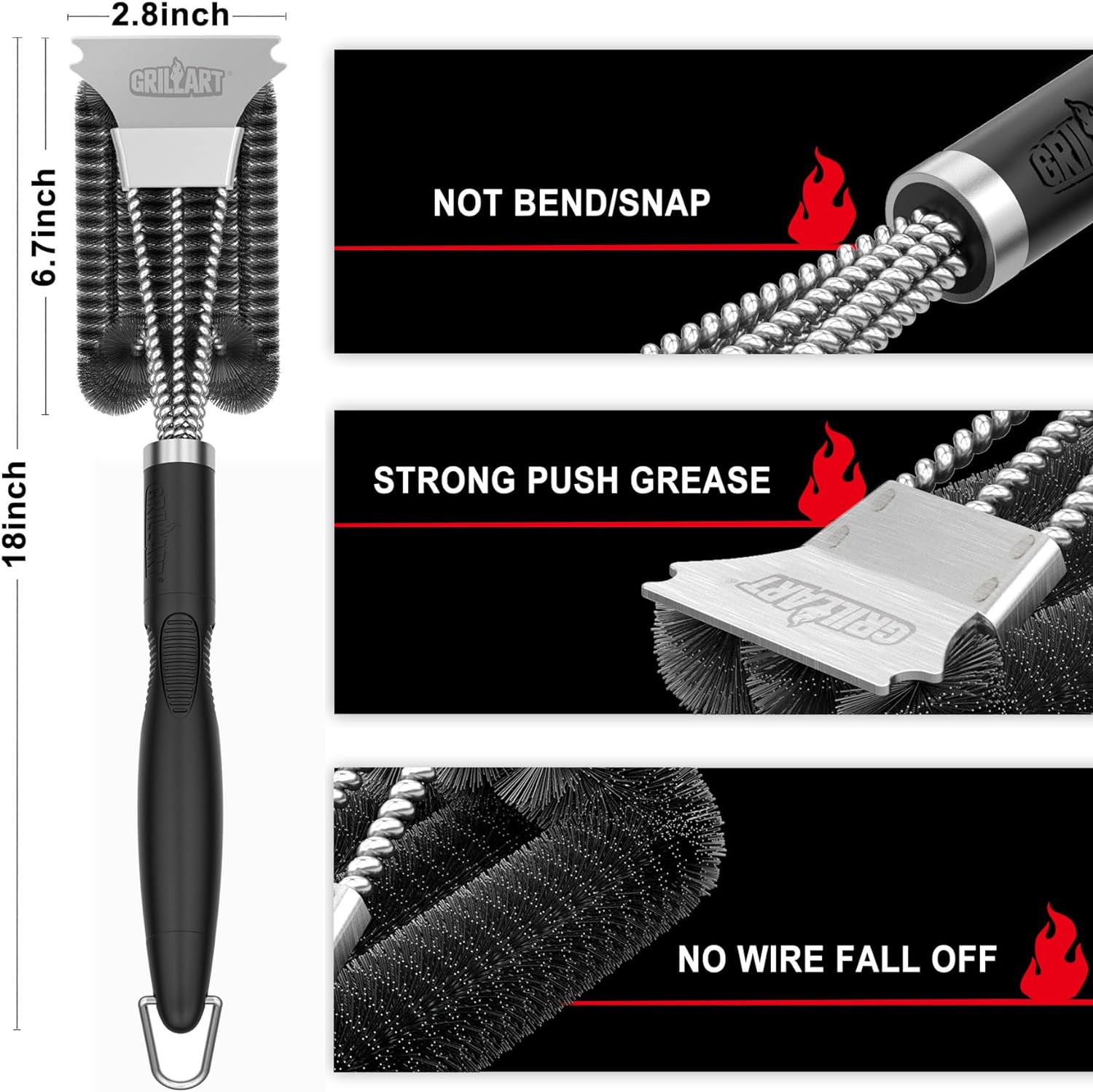 GRILLART Grill Brush, 18'' Extra-Strong Handle, BBQ Cleaner with Scraper