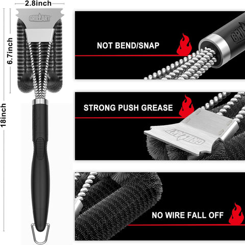 GRILLART Grill Brush, 18'' Extra-Strong Handle, BBQ Cleaner with Scraper