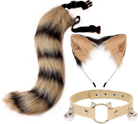 QinRuan Cat Ears and Wolf Fox Animal Tail Cosplay Costume Faux Fur Hair Clip Headdress Halloween Leather Neck Chocker Set