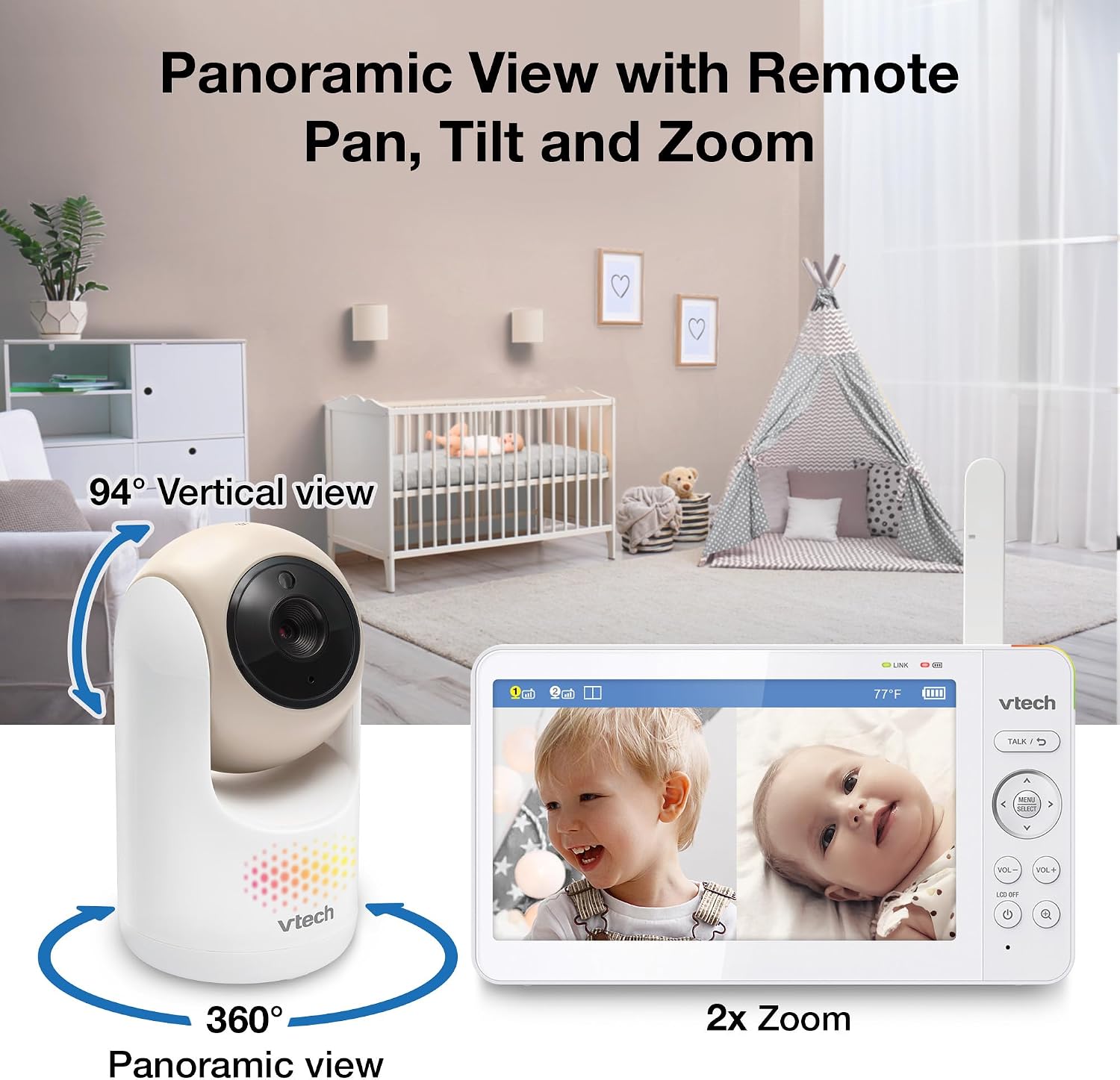 VTech Baby Monitor No WiFi, 2 Cameras, 7" Split IPS Screen, 5000mAh 12Hr Battery, 360° Pan Tilt Zoom, Night Vision, Night Light | Advanced Max Twin Tan