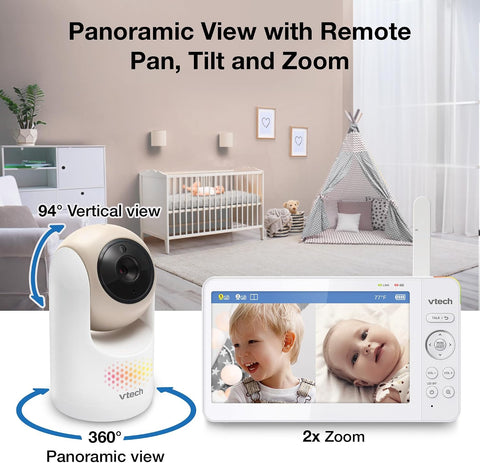 VTech Baby Monitor No WiFi, 2 Cameras, 7" Split IPS Screen, 5000mAh 12Hr Battery, 360° Pan Tilt Zoom, Night Vision, Night Light | Advanced Max Twin Tan