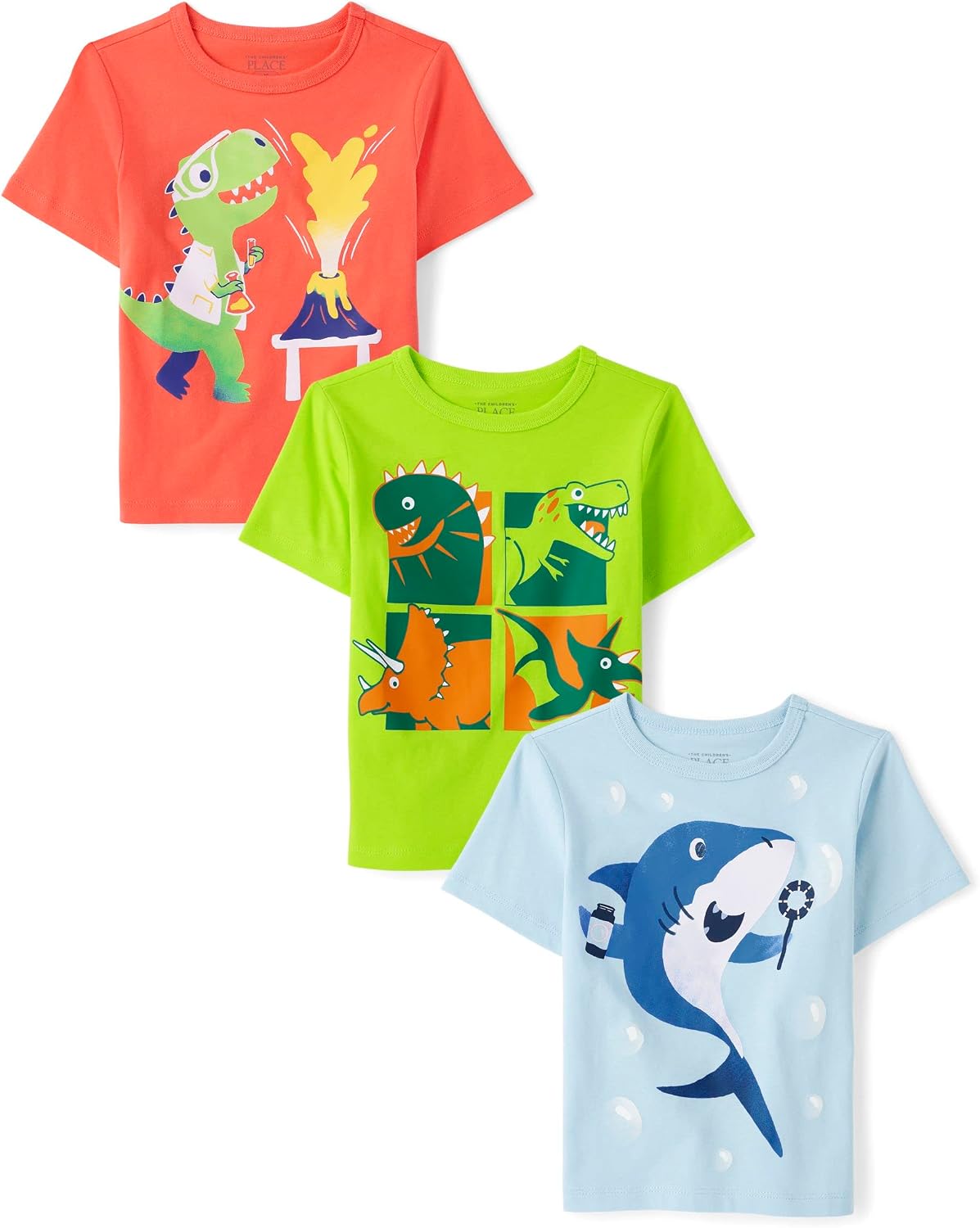 The Children's Place Baby Boys' and Toddler Dino,Animals,Sharks Short Sleeve Graphic T-Shirts,3 Pack
