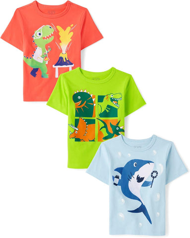 The Children's Place Baby Boys' and Toddler Dino,Animals,Sharks Short Sleeve Graphic T-Shirts,3 Pack