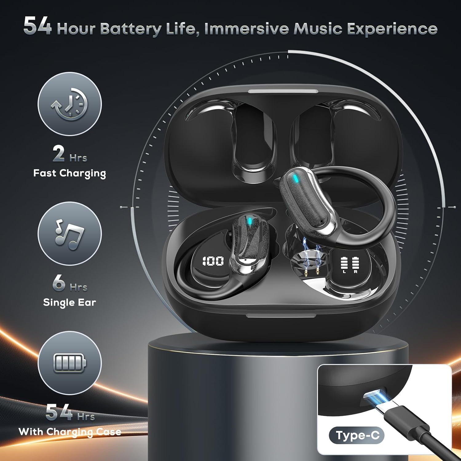Wireless Earbuds Bluetooth Headphones, 54H Playtime Stereo Over Ear Buds with ENC Noise Cancelling, LED Power Display, IPX7 Waterproof Sport Earphones with Earhooks for Running/Workouts (Black)