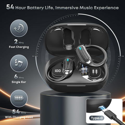 Wireless Earbuds Bluetooth Headphones, 54H Playtime Stereo Over Ear Buds with ENC Noise Cancelling, LED Power Display, IPX7 Waterproof Sport Earphones with Earhooks for Running/Workouts (Black)