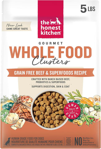 The Honest Kitchen Grain Free Beef & Superfoods Whole Food Clusters, Human Grade Dry Dog Food, Vet-Crafted Nutritional Support for Skin, Coat, Digestion & Overall Wellness, 5 lb Bag