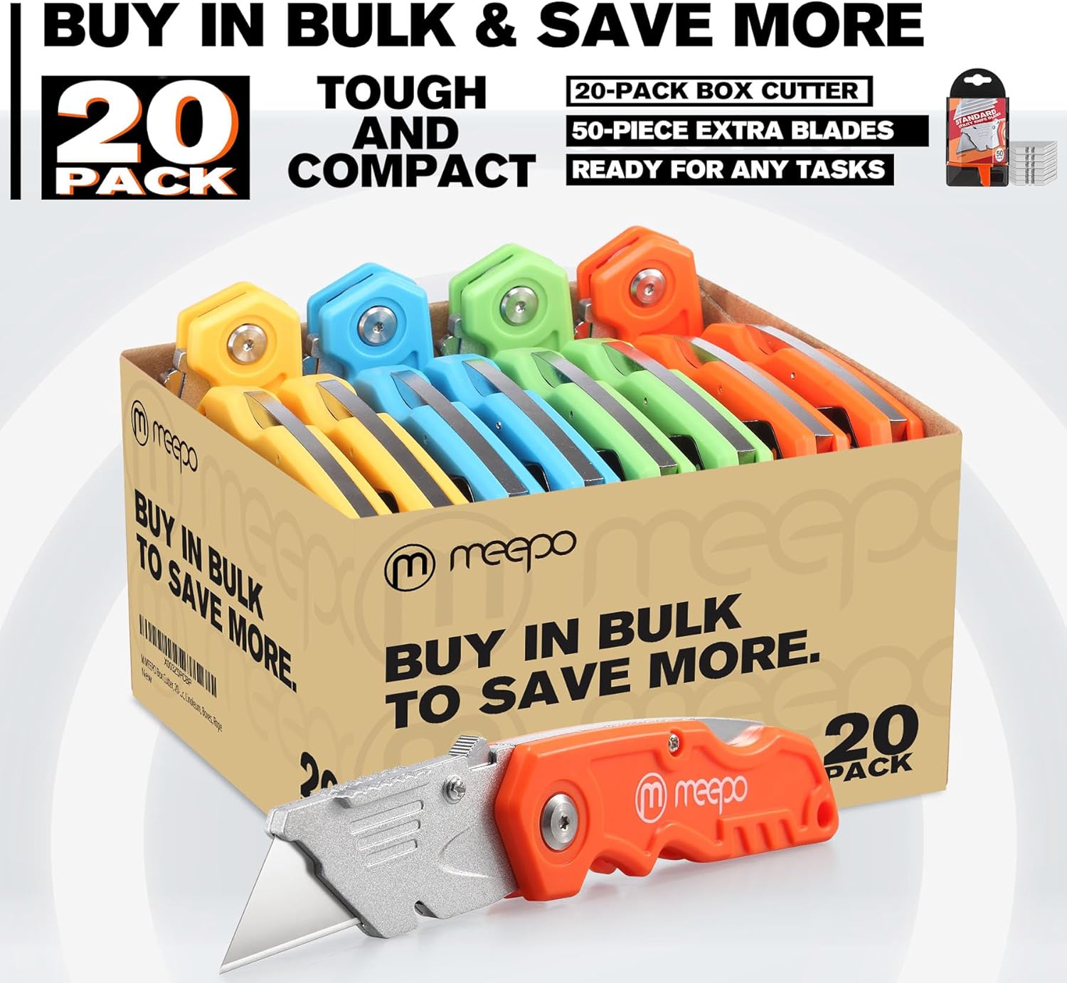 M MEEPO 20-Pack Box Cutter, Bulk Folding Utility Knife w/ 50 pcs Blade