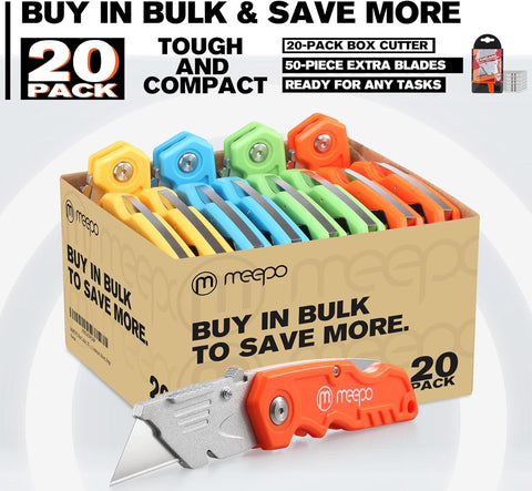 M MEEPO 20-Pack Box Cutter, Bulk Folding Utility Knife w/ 50 pcs Blade