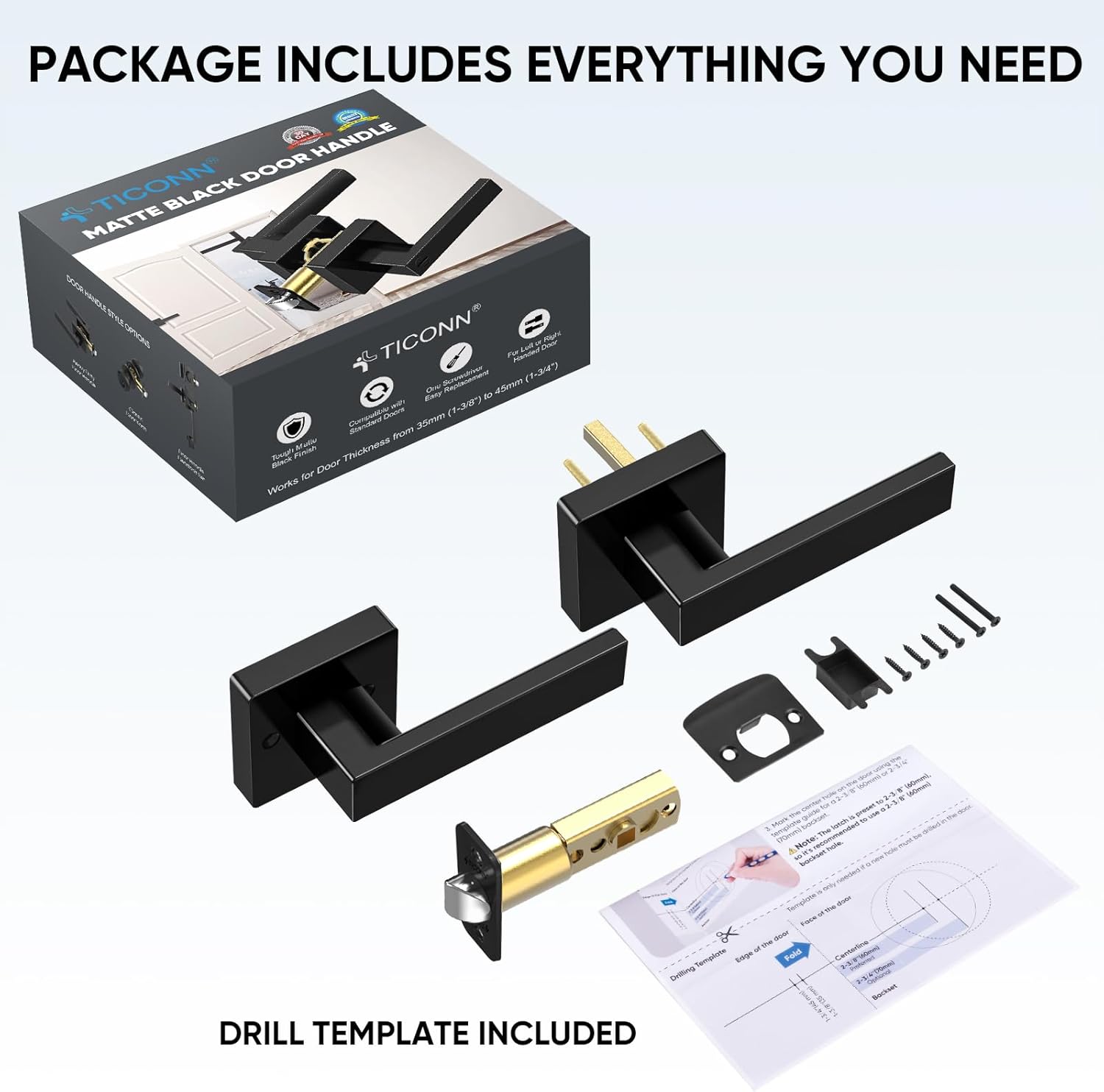 TICONN 1PK Matte Black Door Handles Interior, Reversible Square Door Levers Knob for Hallway, Bedroom, Bathroom (No Lock, 1PK Passage)