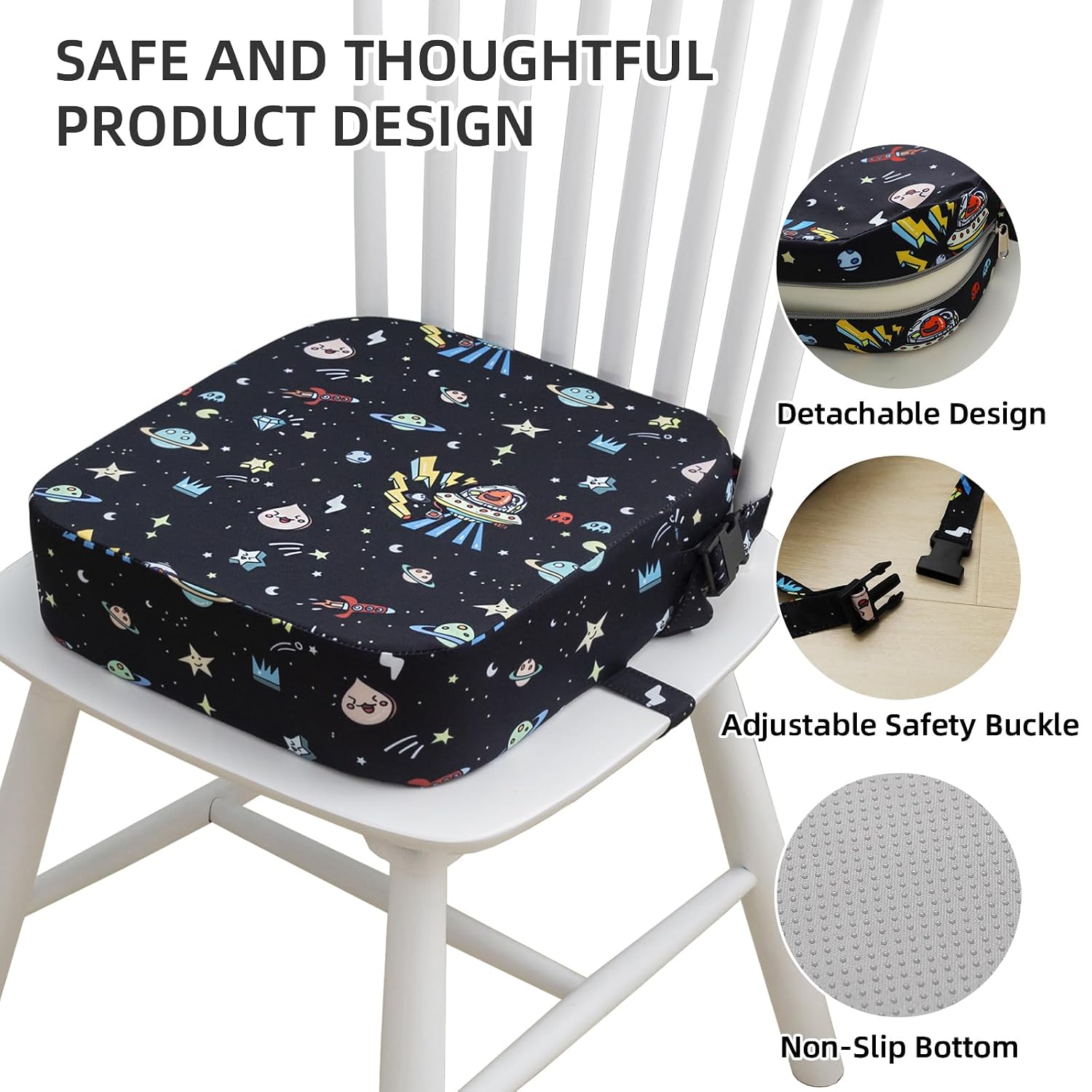 Eiury Toddler Booster Seat for Dining Table, Portable Kids Booster Seat with Safety Buckles Portable Increasing Booster Cushion with Non-Slip Bottom (Black Astronaut)