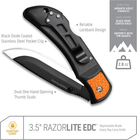 OUTDOOR EDGE 3.5" RazorLite EDC Knife. Pocket Knife with Replaceable Blades and Clip. The Perfect Hunting Blade for Skinning Deer. Blaze Orange with 6 Blades