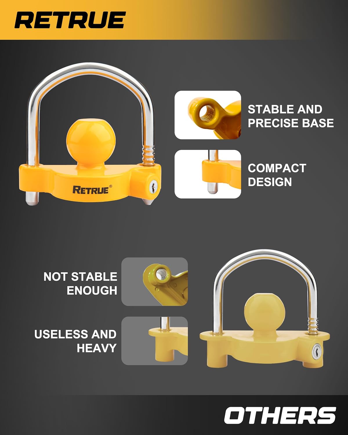 RETRUE Universal Trailer Coupler Hitch Lock, Adjustable Heavy Duty, Yellow