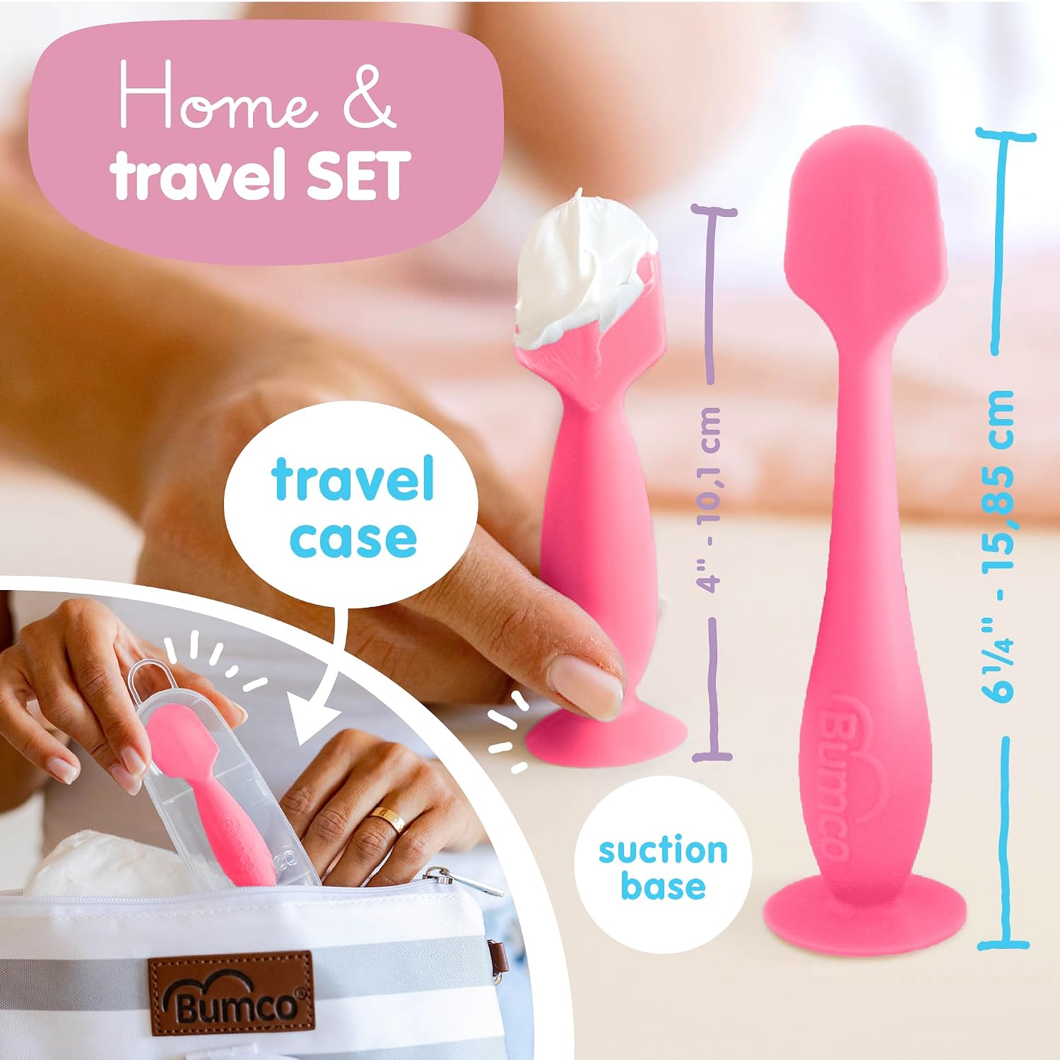 Bumco Baby Bum Brush + Travel Diaper Cream Spatula Set With Case (Pink)